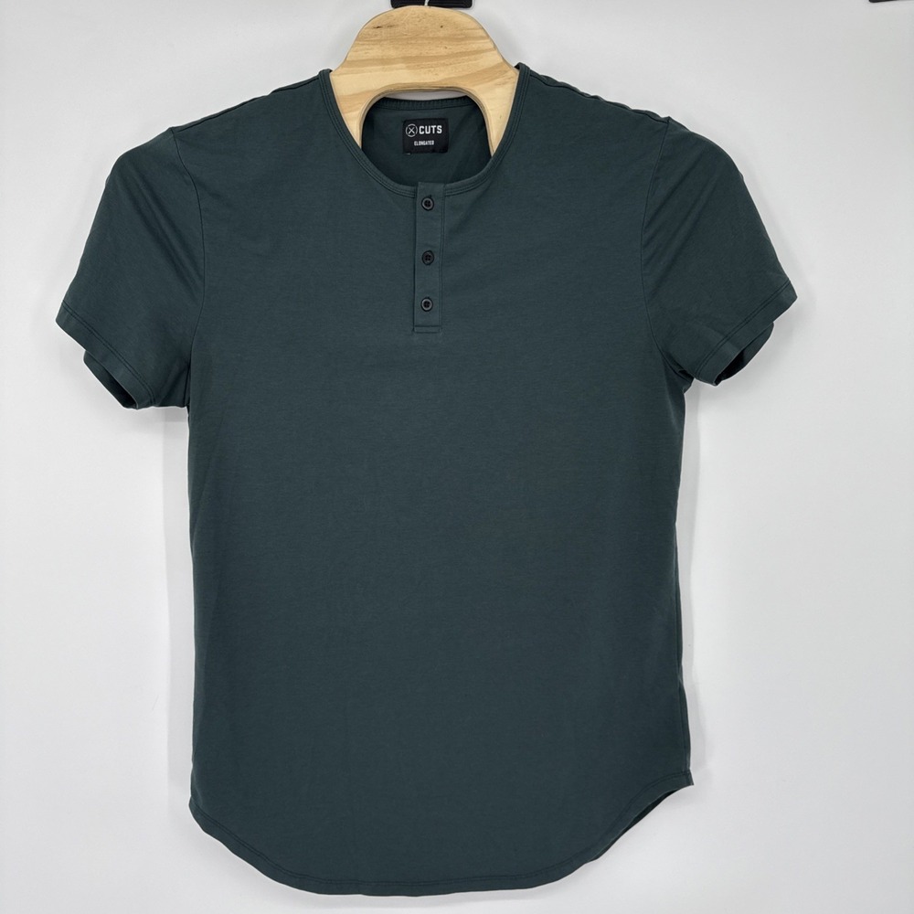 Cuts Shirt Elongated Henley Short Sleeve Casual Stretch Mens XXL Athleisure